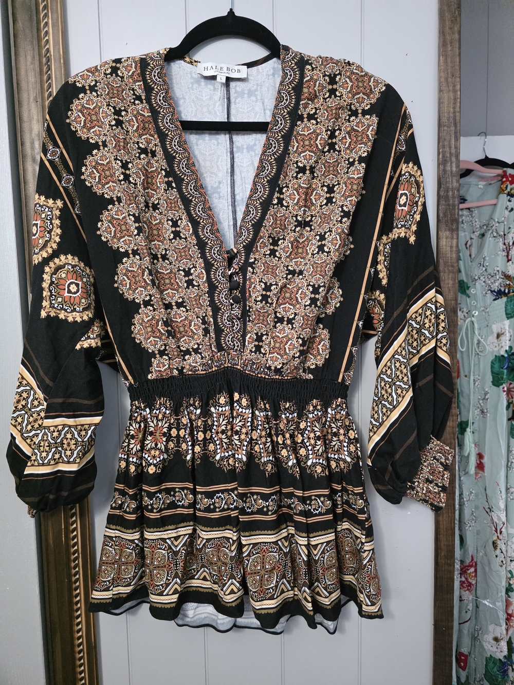 Hale Bob Black, Brown & Gold Printed V-Neck Peplum Tunic Mini